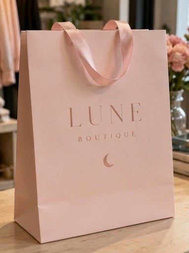 Custom gift bags printed with a company logo, ribbon handles, ready for bulk order