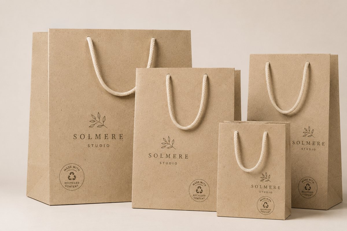 Recycled paper gift bag with cotton-rope handles printed with an invented eco brand logo