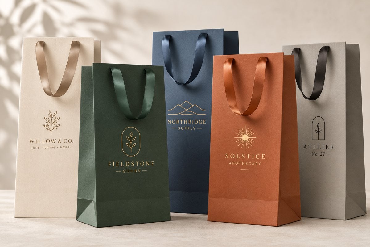 Euro tote gift bag with grosgrain ribbon handles printed with an invented boutique brand logo