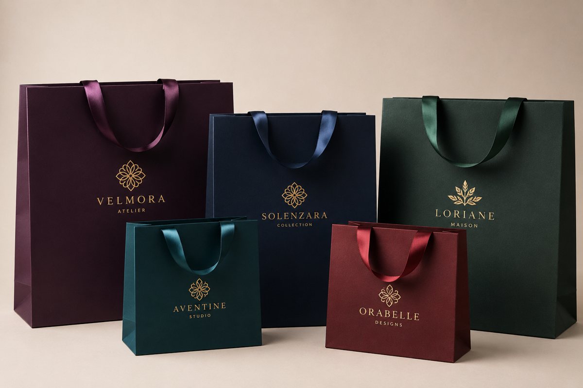 Luxury gift bag with gold foil-stamped logo and ribbon handles for an invented premium brand