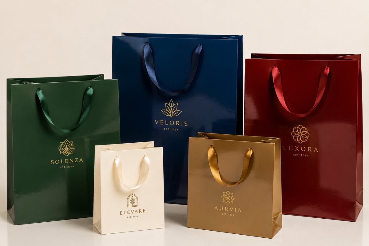 High-gloss laminated gift bag with bright full-color print and an invented brand logo