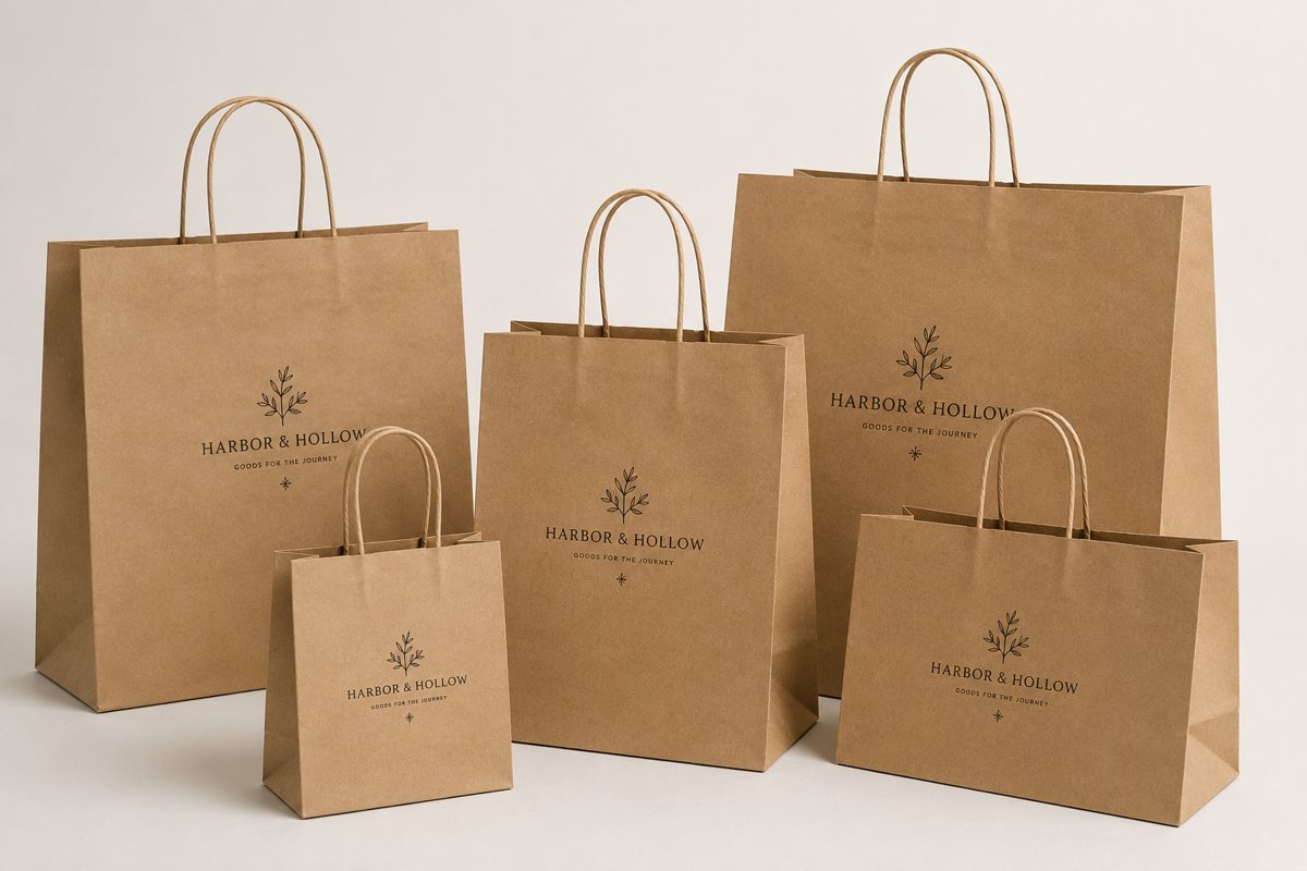 Natural kraft paper gift bag with twisted-paper handles printed with an invented brand logo