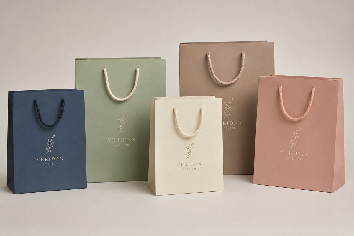Soft-touch matte laminated gift bag with rope handles printed with an invented brand logo