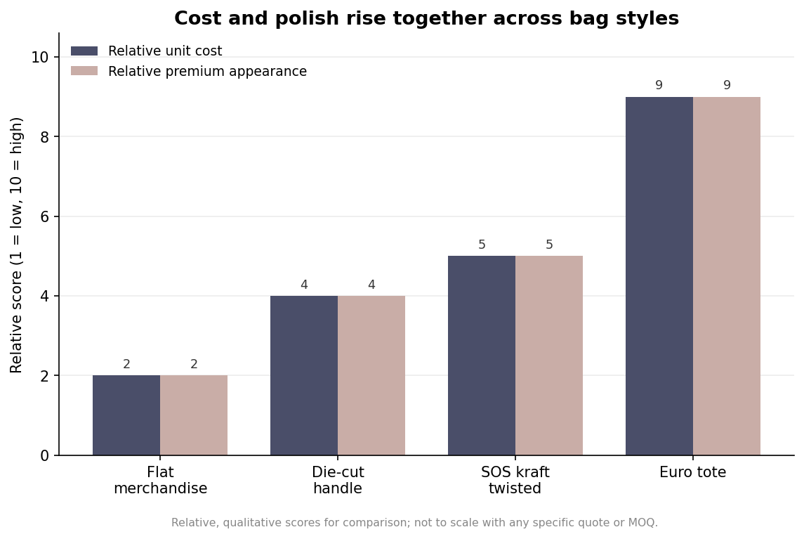 Grouped bar chart comparing relative unit cost and relative premium appearance across flat merchandise, die-cut handle, SOS kraft, and euro tote bags